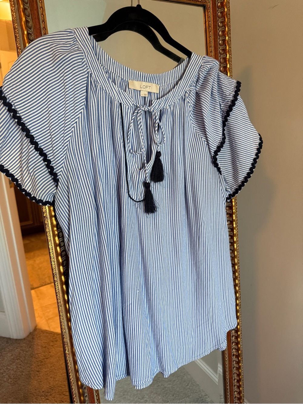 LOFT Blue & White Striped Tassel Tie Flutter Sleeve Top